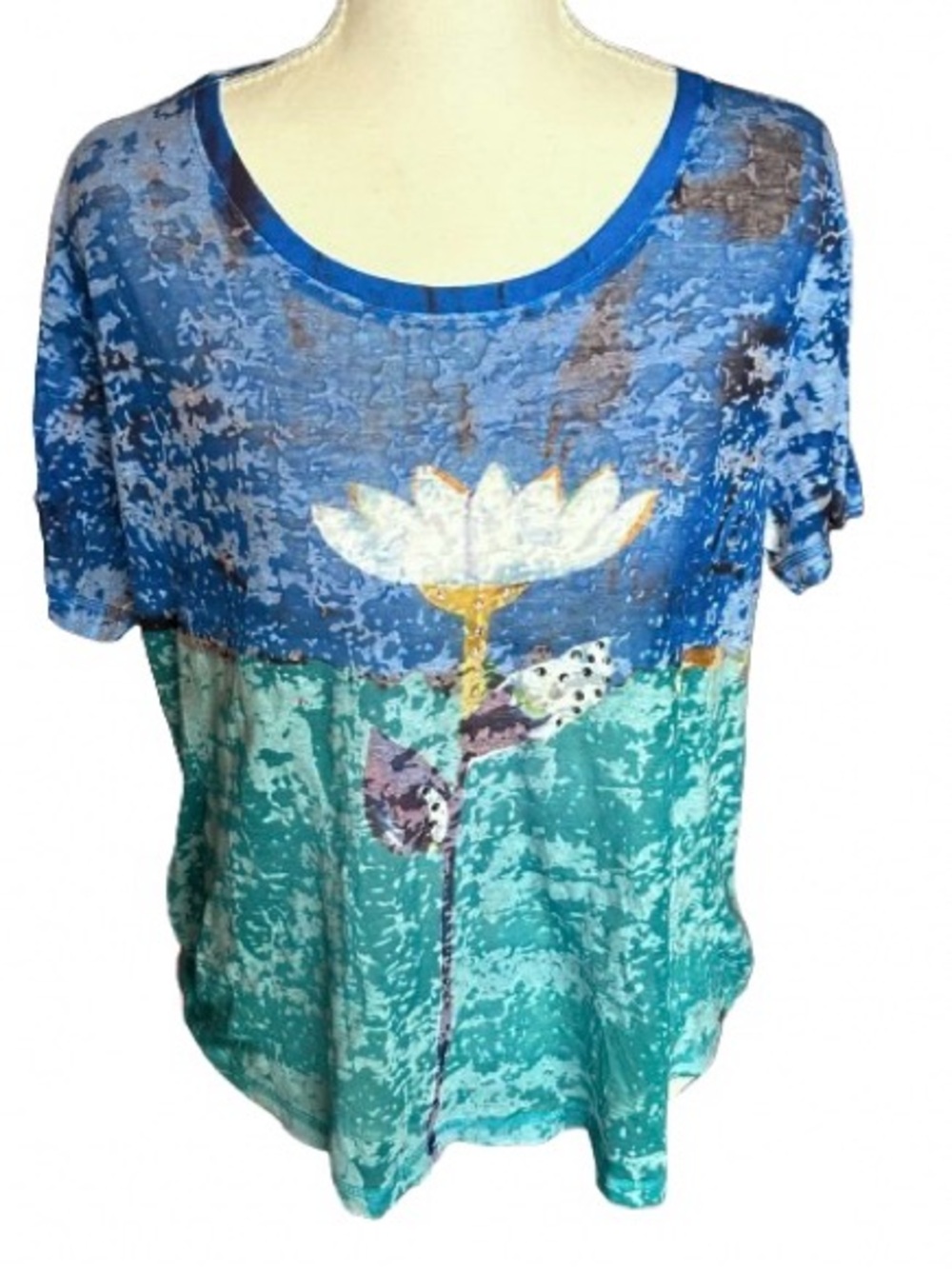 Vintage FDJ Flower Rhinestone Blue Tee Shirt Top Sheer Slub Bling Floral XL